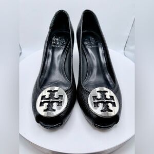 Authentic Tory Burch Womens Sally 2 Black Leather Wedge Pump Heels Size‎ 7.5M